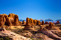Desert Landscape with Red Rock Formations and Snow-capped Mounta