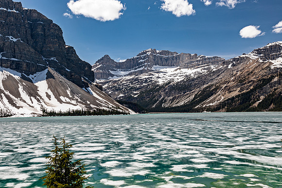 Bow Lake in Canadian Rockies with Melting Ice