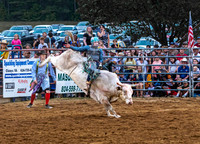 Bull rider in action at rodeo.