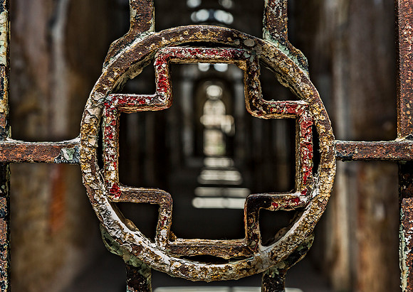 Hospital Wing Gate with Rusted Metal and Peeling Paint