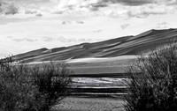 Black and White Desert Landscape with Dunes and Water