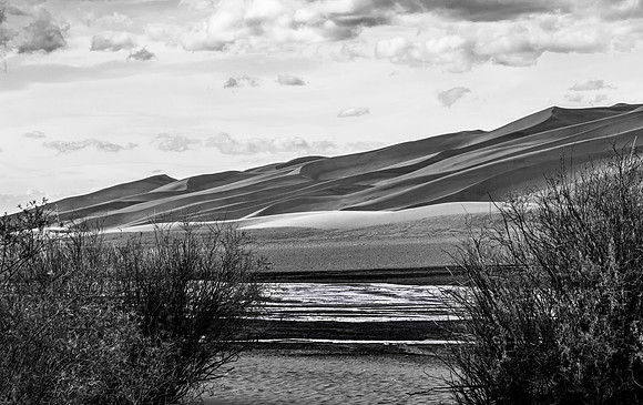 Black and White Desert Landscape with Dunes and Water