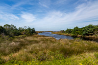 River flowing through marshland to ocean.