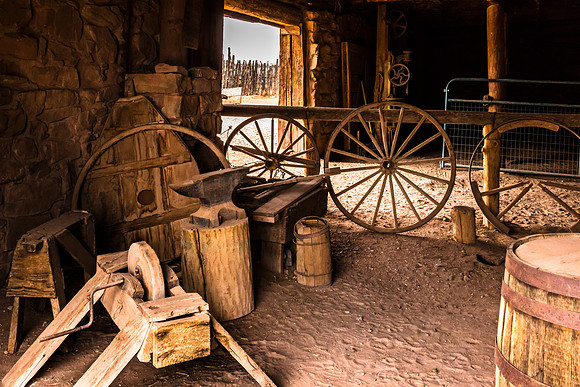 Historic Blacksmith Shop Tools and Wagon Wheels