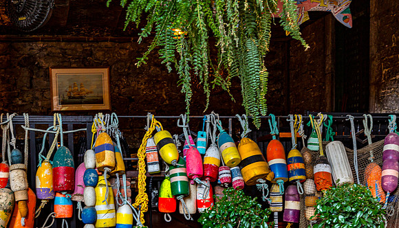 Colorful Fishing Buoys and Nautical Decor