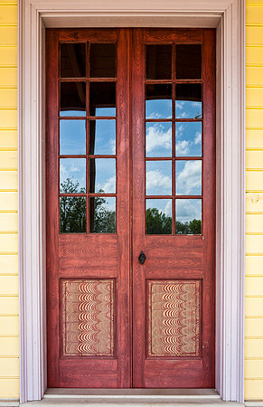 Ornate Red Wooden Double Doors