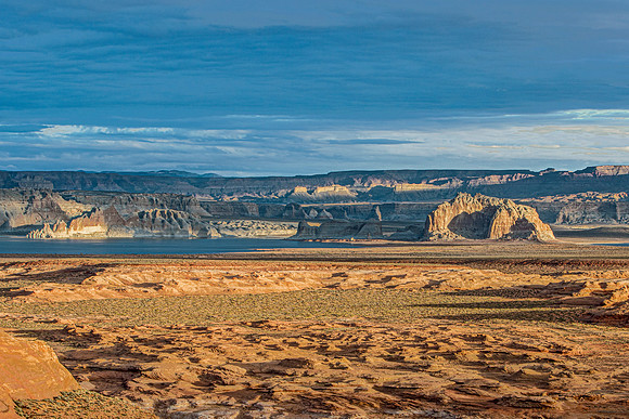 Desert Landscape with Water and Geological Formations
