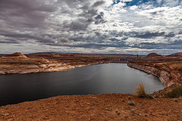 Lake Powell and Glen Canyon Dam Under Cloudy Skies