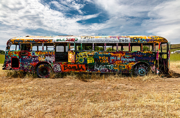 Graffiti Covered Bus in Field