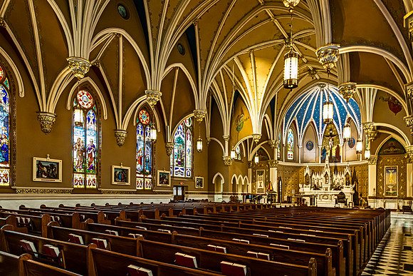 Church Interior with Stained Glass and Altar